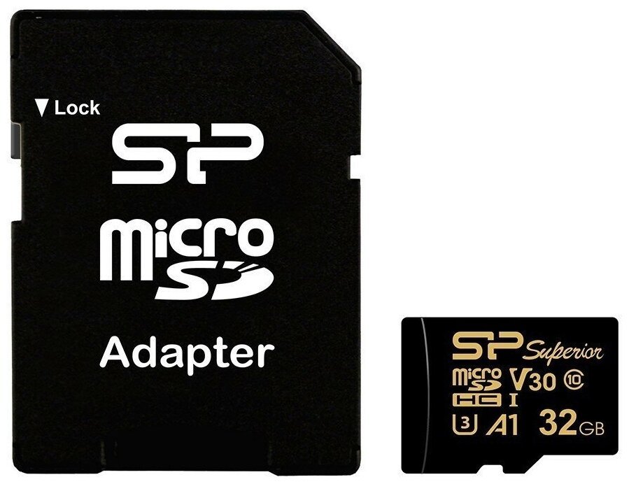 Карта памяти 32Gb MicroSD Silicon Power Golden Superior + SD адаптер (SP032GBSTHDV3V1GSP)