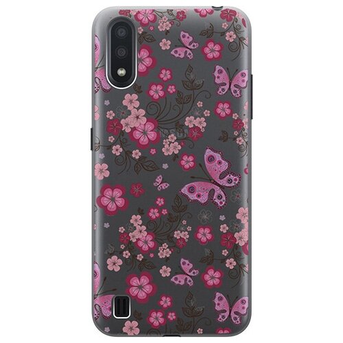 ультратонкий силиконовый чехол накладка clearview 3d для samsung galaxy s21 с принтом butterflies and flowers Ультратонкий силиконовый чехол-накладка для Samsung Galaxy A01 с 3D принтом Butterflies and Flowers