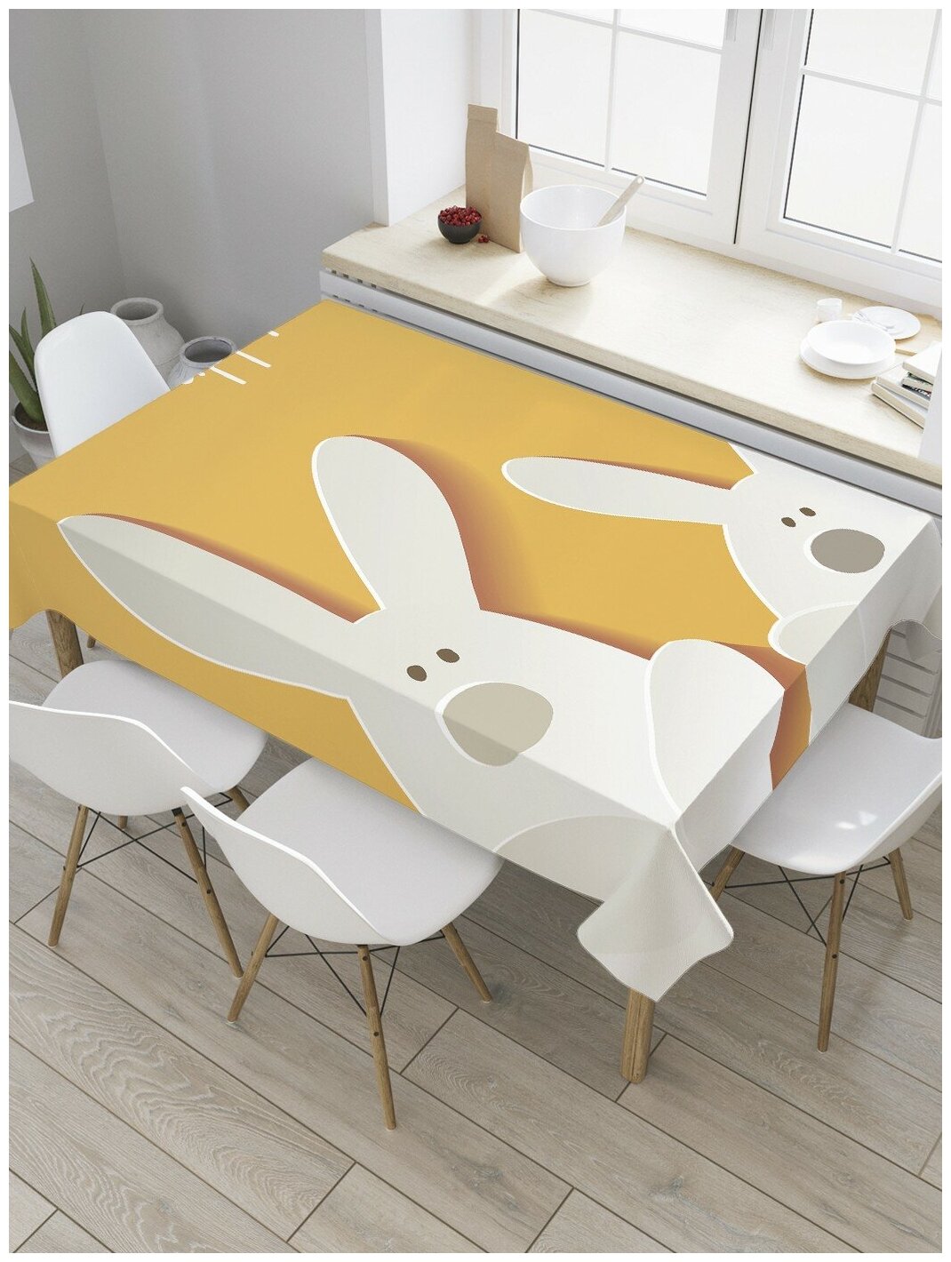 Скатерть прямоугольная JoyArty на кухонный стол "Пасхальные зайцы наив" из оксфорда, 120x145 см