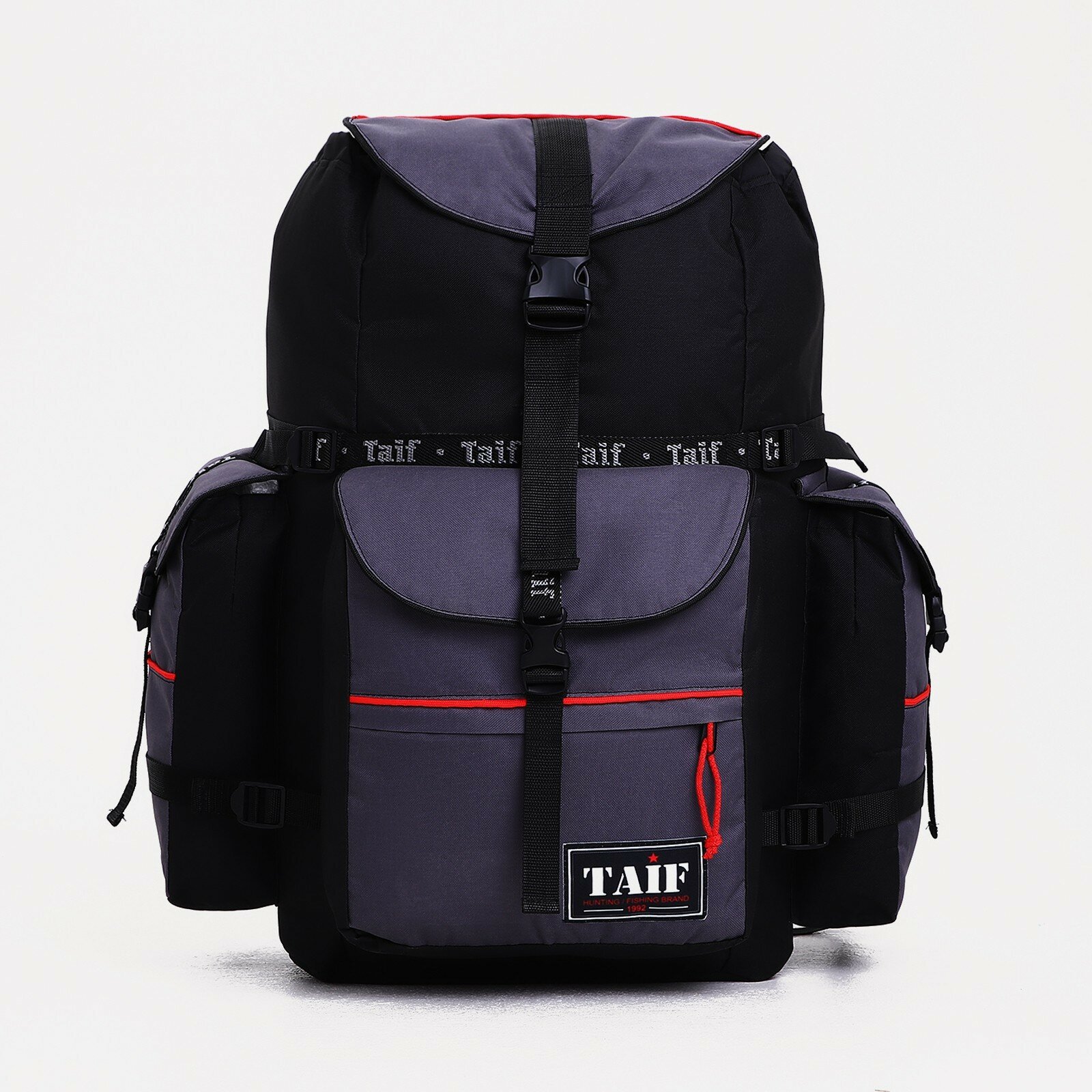 Рюкзак туристический на клапане, 65 л, 3 наружных кармана, цвет чёрный/серый