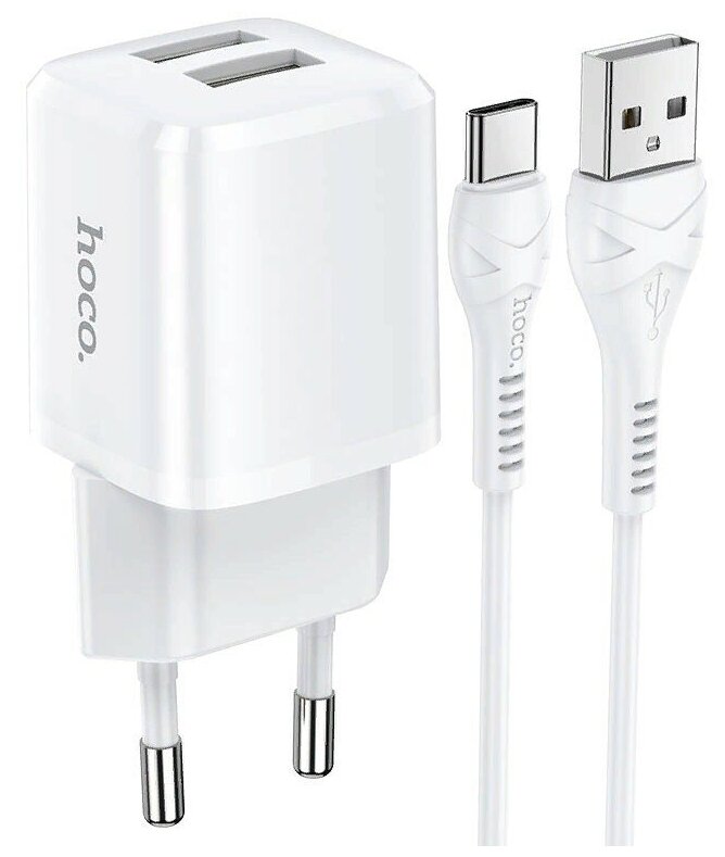 Адаптер питания Hoco N8 Briar dual port charger с кабелем Type-C (2USB: 5V max 2.4A) Белый