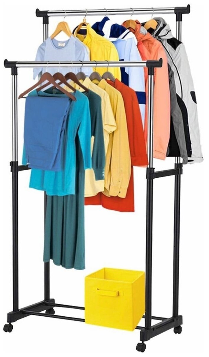 Двойная напольная металлическая вешалка для одежды с перекладиной и на колесиках - стойка для одежды