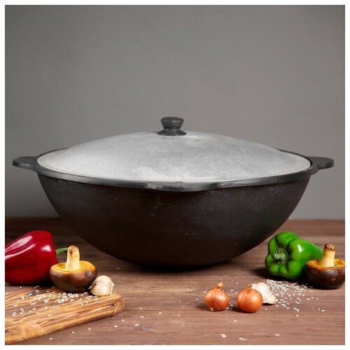 Казан чугунный 16 л плоское дно алюминиевая крышка 6242₽