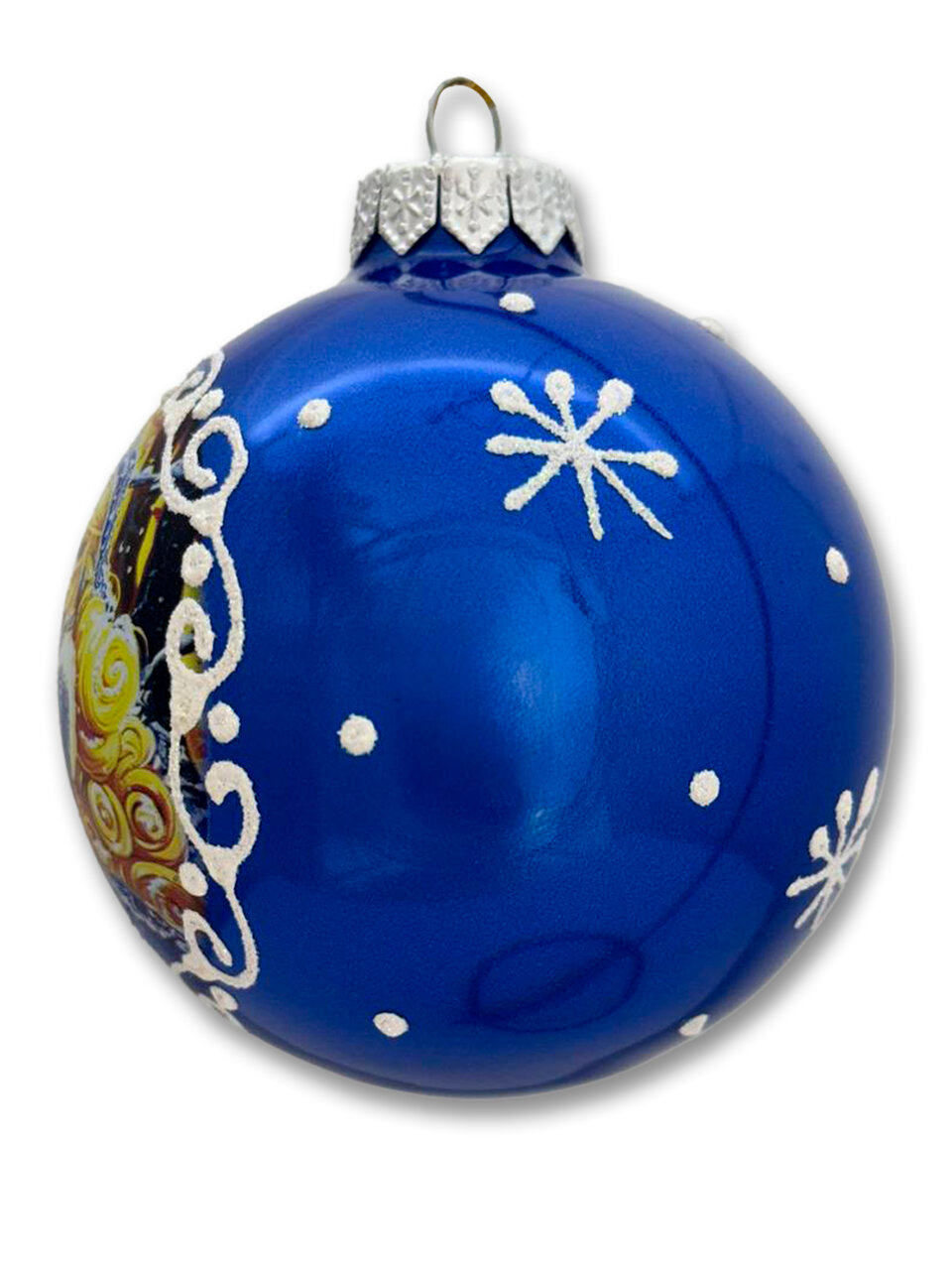 Елочный шар Ленигрушка Лошадка и Снегурочка голубой металлик шар 80 мм — фото 1
