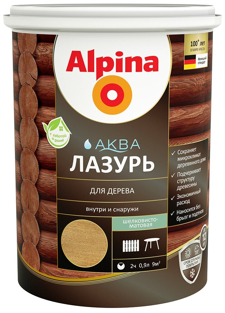 Огнезащитная пропитка Alpina Аква лазурь для дерева, 0.9 л, орех - фотография № 1