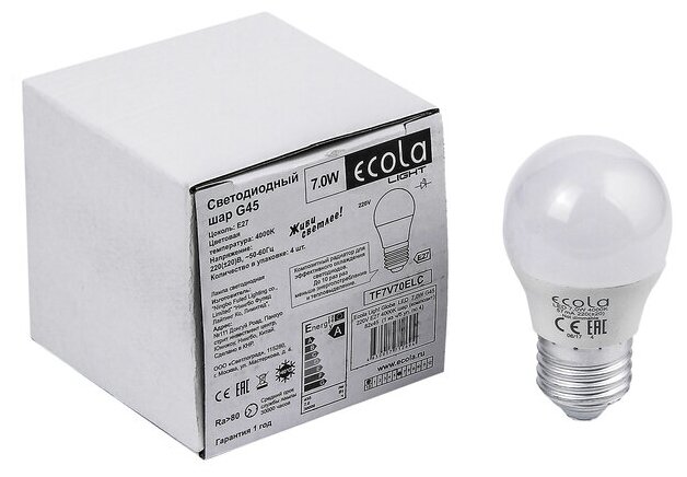 Лампа светодиодная Ecola Light globe, G45, E27, 7 Вт, 4000 K, 220 В, 82x45 мм