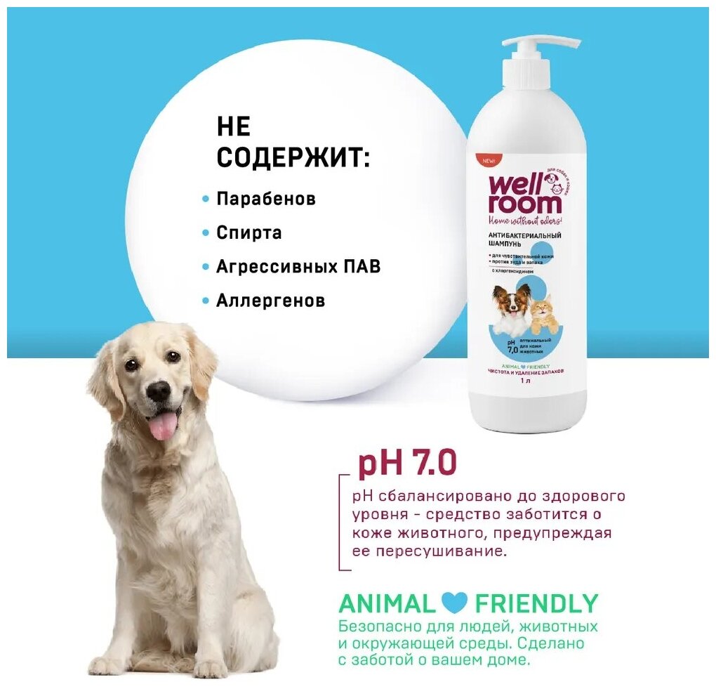 Универсальный антибактериальный шампунь для кошек и собак с хлоргексидином Wellroom 1 литр - фотография № 6