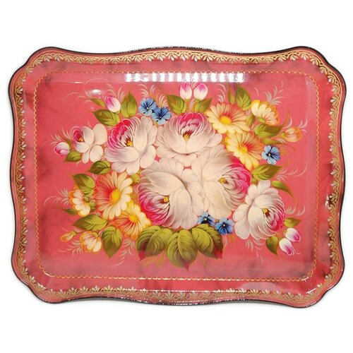 Поднос в стиле жостово розовый 36х47