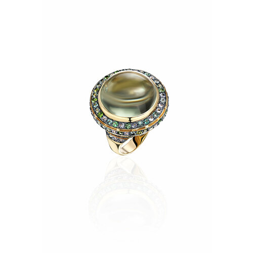 Кольцо Эстет, желтое золото, 585 проба, сапфир, бриллиант, празиолит, размер 19.5