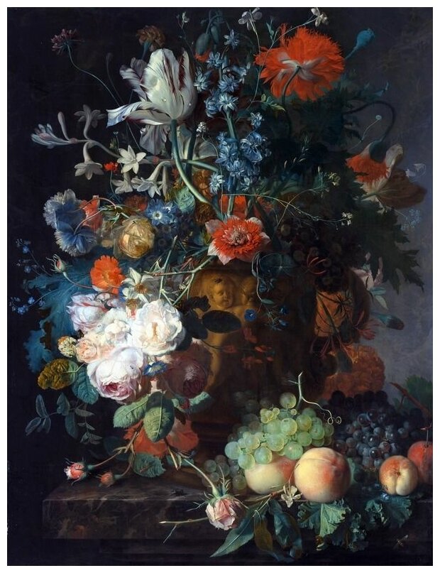 Репродукция на холсте Натюрморт с цветами и фруктами (Still Life with Flowers and Fruit) Хёйсум Ян ван 50см. x 66см.