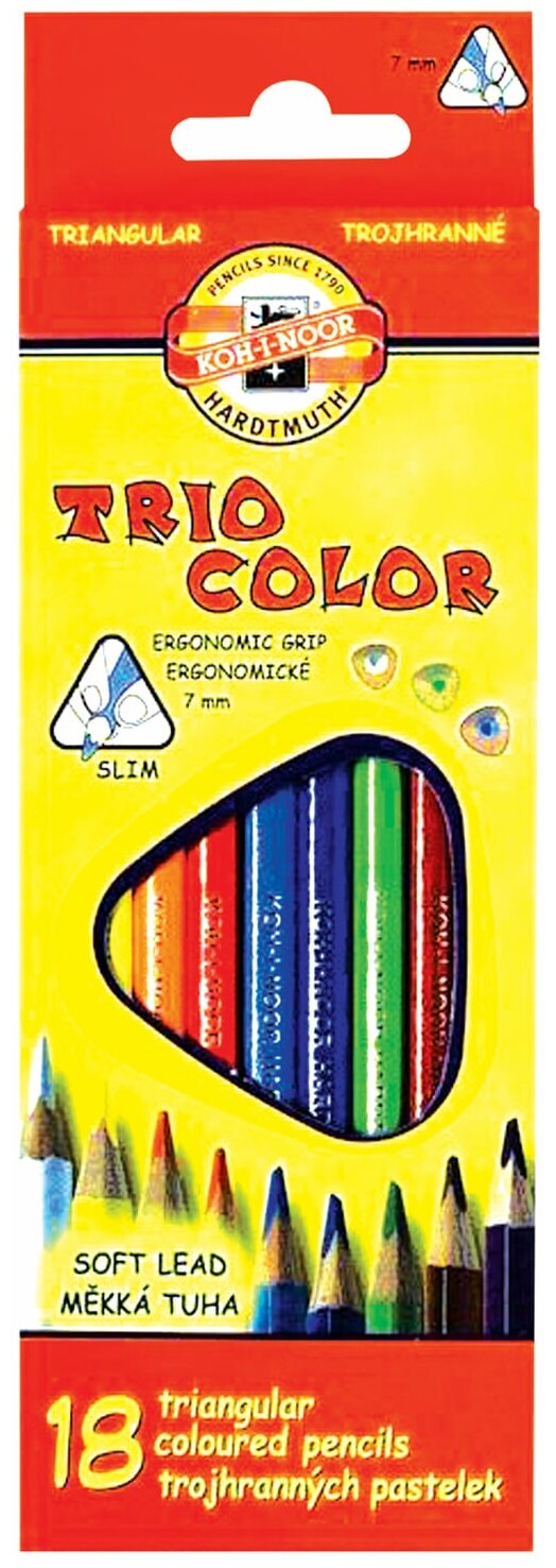 Карандаши цветные KOH-I-NOOR "Triocolor", 18 цветов, трехгранные, грифель 3,2 мм, европодвес, 3133018004KSRU В комплекте: 1шт.