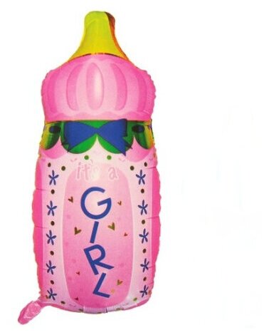 Фигурный надувной шарик из фольги "Бутылочка" розового цвета с надписью Girl, для новорожденной девочки на выписку из роддома или baby shower