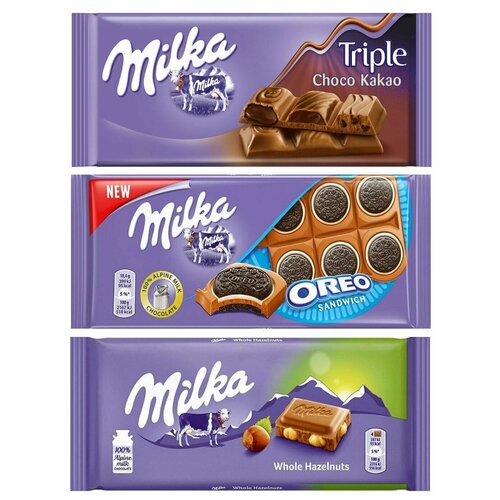 фото Шоколад milka triple cocoa + oreo sandwich + whole hazelnut (набор из 3 шт), 100 г, 3 уп.