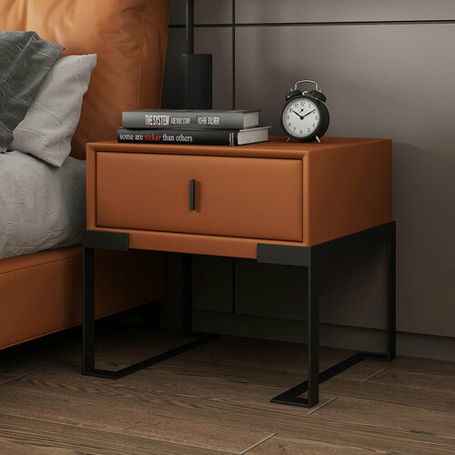Тумбочка прикроватная обитая кожей в итальянском стиле (оранжевый, ножки черные)