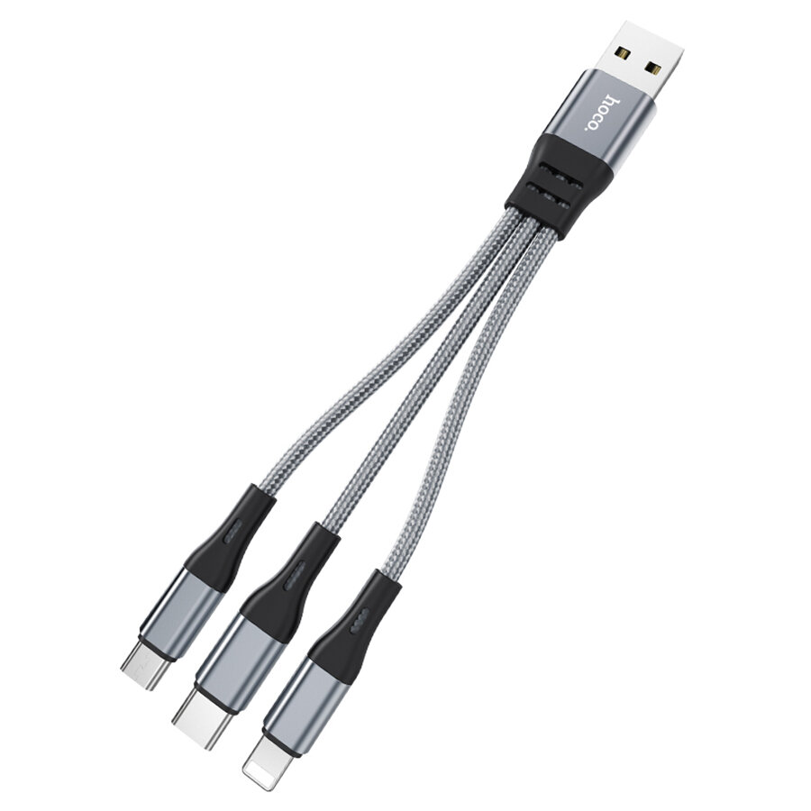 Кабель для айфон USB HOCO X47 Harbor 3 в 1 USB - Type-C + Lightning + MicroUSB, 2.4А, 25 см, серый металлик