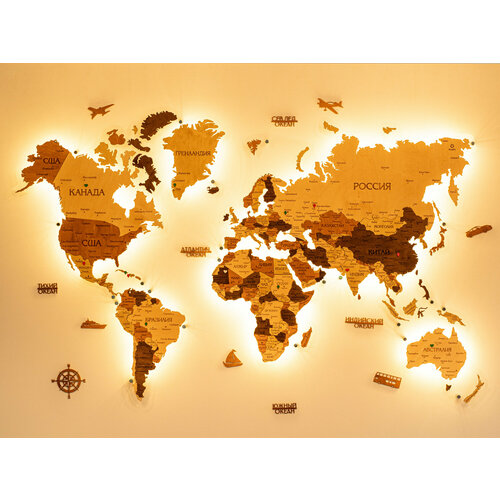 KaeN Карта мира из дерева с подсветкой на прозрачной подложке. 150х94см.