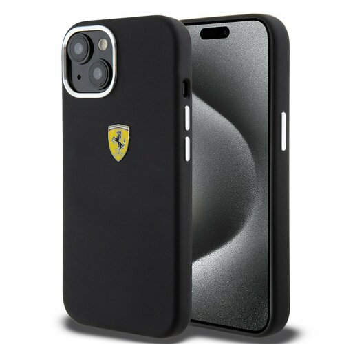 Ferrari для iPhone 15 чехол Liquid silicone with metal logo Hard Black черный