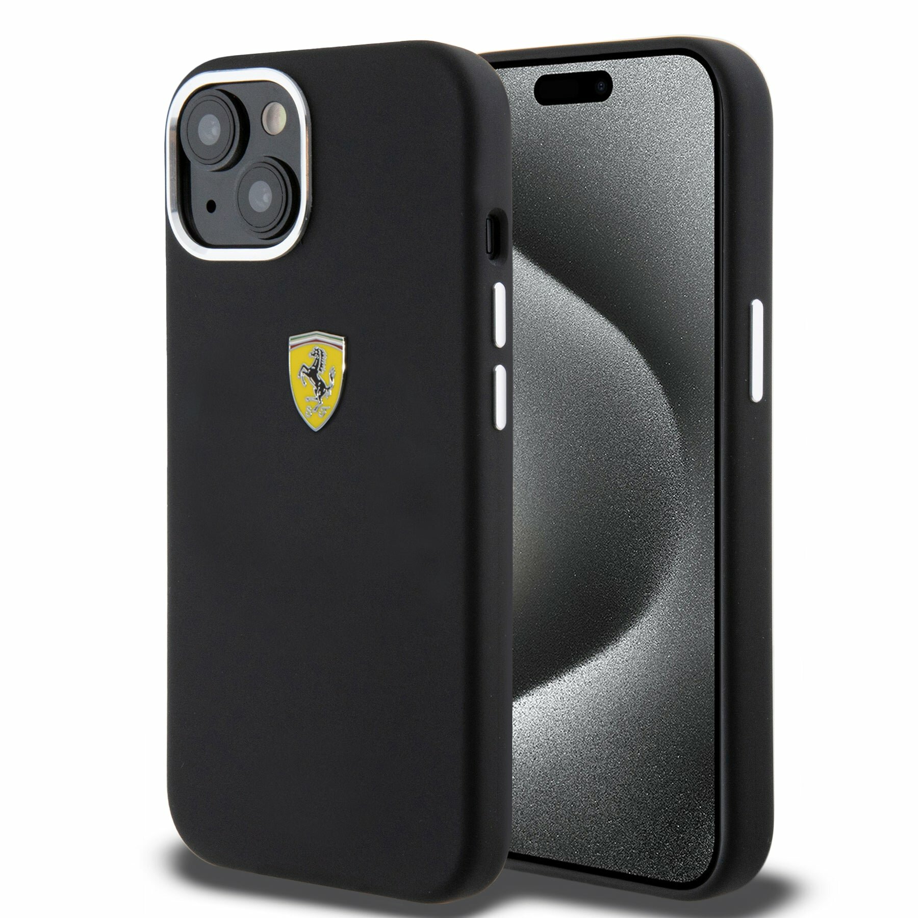 Ferrari для iPhone 15 чехол Liquid silicone with metal logo Hard Black