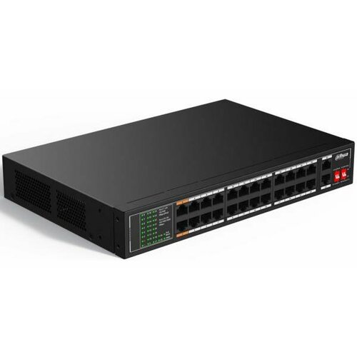 DAHUA DH-SF1026LP 26-портовый неуправляемый коммутатор с РоЕ 24xRJ45 100Mb PoE 2xRJ45 1Gb uplink суммарно 190Вт коммутация 88 Гбитс MAC-таблица 18090₽
