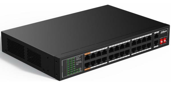 DAHUA DH-SF1026LP 26-портовый неуправляемый коммутатор с РоЕ, 24xRJ45 100Mb PoE, 2xRJ45 1Gb uplink, суммарно 190Вт, коммутация 8.8 Гбит/с, MAC-таблица