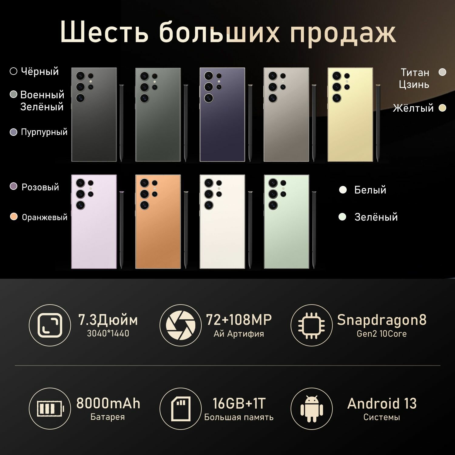 Смартфон "S24 Ultra", 7.3" incell, 12GB/512GB, 8 ядер, Android 13 — фото 1