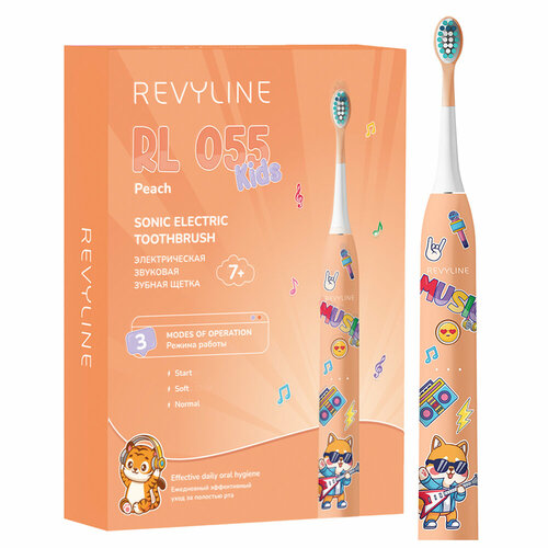 Детская зубная звуковая электрическая щетка Revyline RL 055 Kids, персик, 2 насадки