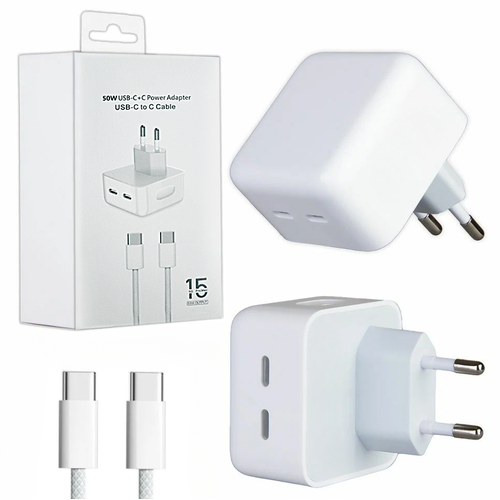 Зарядное устройство 50W для iPhone 16, 16 Plus, 16 Pro, 16 Pro Max, 15, 15 Plus, 15 Pro, 15 Pro Max / Адаптер питания 50W с поддержкой быстрой зарядки + кабель (Type-C - Type-C) белый