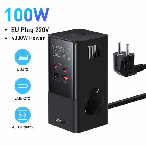 Сетевое зарядное устройство Baseus PowerCombo 6 в 1 Tower PowerStrip 2AC+2U+2С 100W CCGAN100-S2ACE