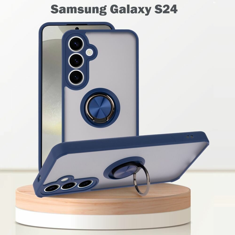 Чехол для Samsung Galaxy S24 (Галакси С24), с кольцом, защита камеры, синий