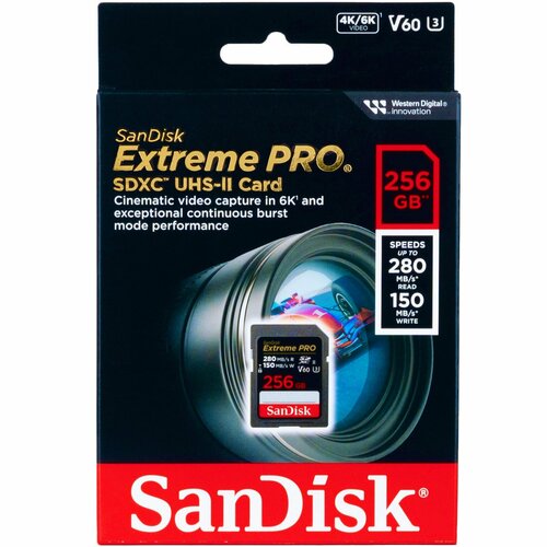 Карта памяти SanDisk Extreme PRO SDXC 256 ГБ Class 10 UHS-II U3 V60 6K-Video (R/W 280/150 Mb/s) черный