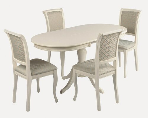 Изображение товара Обеденная группа стол раскладной Анфея 110(150) х 75 см, Слоновая кость и 4 стула Арктос Слоновая кость/Бирюзовый жаккард