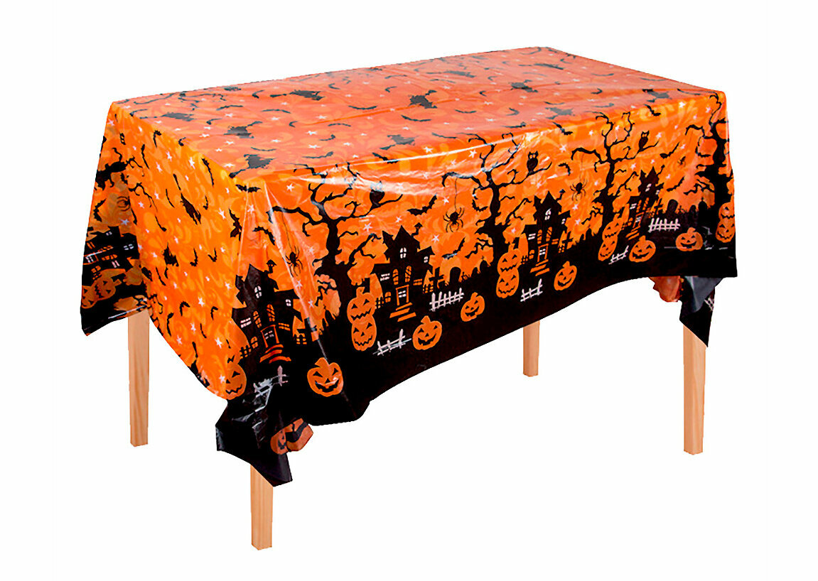 Скатерть Хэллоуин оранжевая блестящая оранжевая черная пленка размер 137х183 см