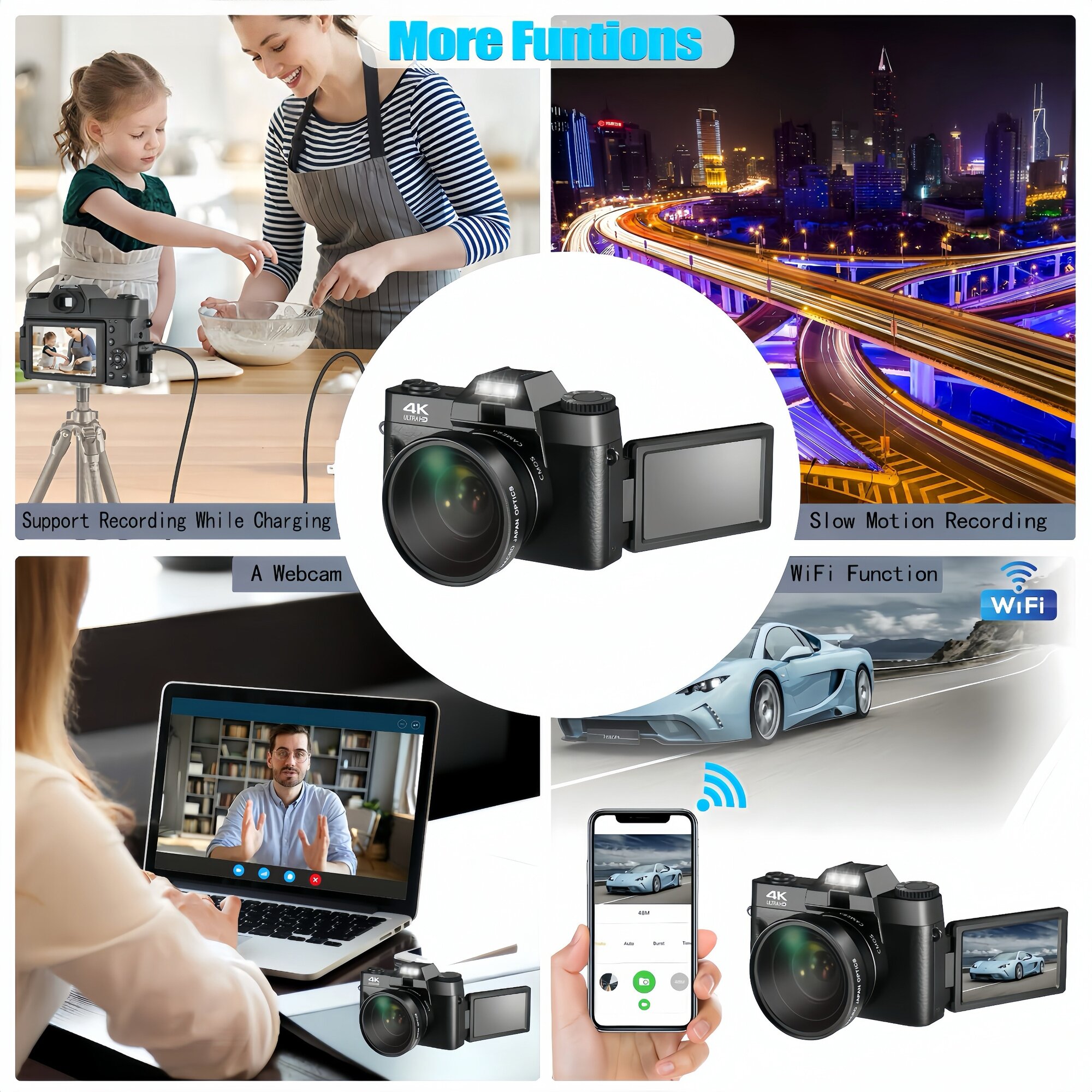 4K цифровая камера для фотографии и видео, автофокус, 16-кратный зум, 48MP HD камера для влогов с Wi-Fi, анти-шейкинг, компактная видеокамера с 3-дюймовым экраном IPS, поворачивающимся на 180° (32 ГБ SD карта, 2 аккумулятора) — фото 1