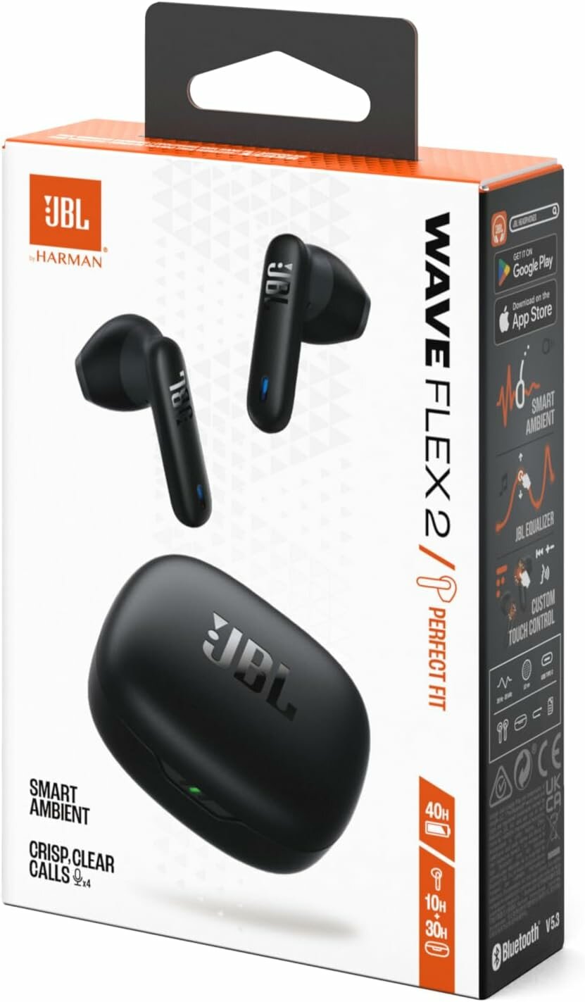 Беспроводные наушники JBL Wave Flex 2 черные, Bluetooth, голосовой помощник, влагозащита