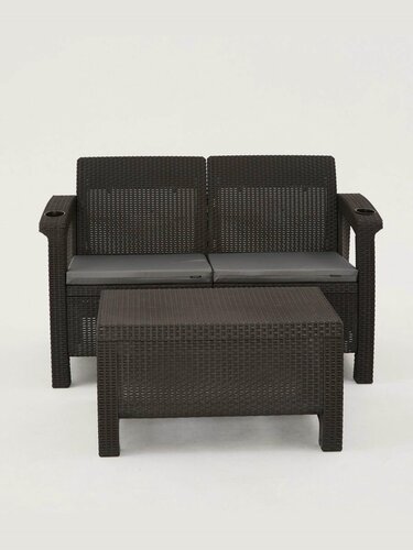 Изображение товара Садовая мебель. Комплект садовой мебель Фазенда-2 двухместный диван и кофейный столик), мокко, серые подушки
