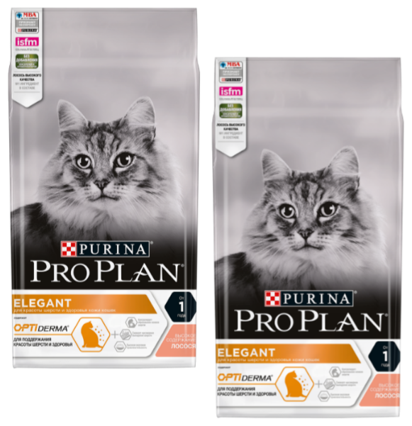 Purina Pro Plan Сухой корм для взрослых кошек красивая шерсть и здоровая кожа с лососем (Optiderma Elegant) 12371026 1,5 кг 34429 (2 шт)