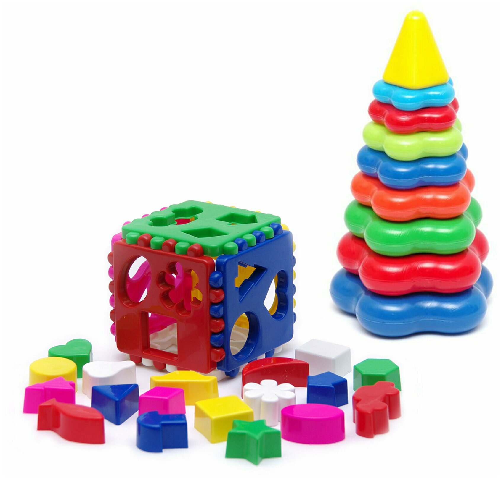 Развивающие игрушки для малышей Сортер "Кубик логический большой" + Пирамидка детская большая