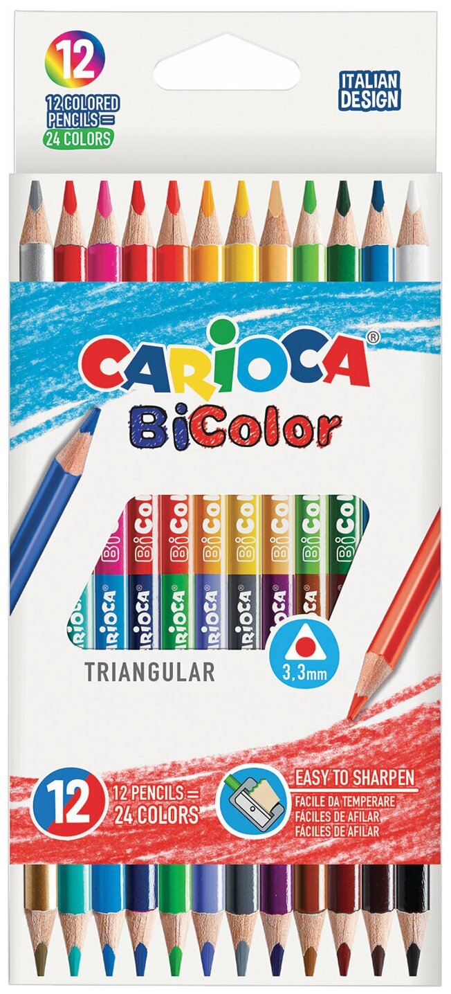 Набор карандашей Карандаши двусторонние CARIOCA "Bi-color", 12 штук, 24 цвета, трехранные, заточенные, 42991, 2 упаковки