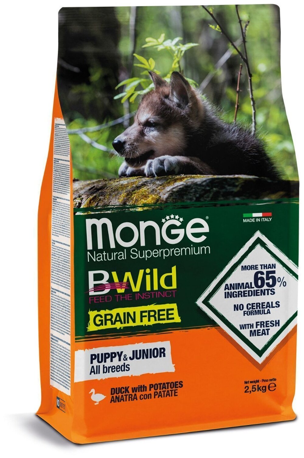 Корм для щенков всех пород MONGE Grain Free Puppy & Junior All Breeds беззерновой, утка с картофелем 2.5 кг