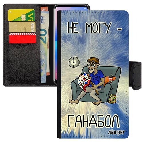 фото Противоударный чехол-книжка на смартфон // iphone 8 // "не могу - смотрю гандбол!" комикс крутой, utaupia, голубой