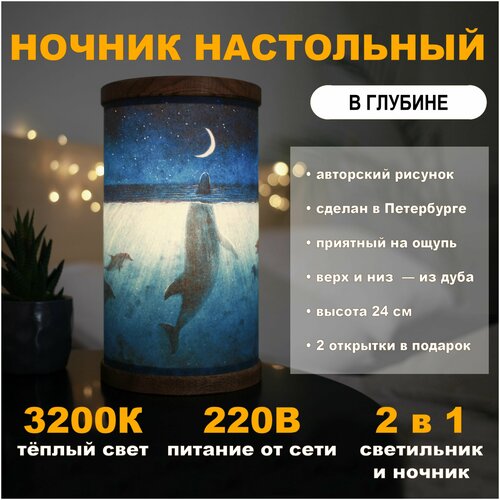 В глубине / Ночник-светильник детский настольный / Подарочный набор с ночником и открытками / Море, луна, ночь / Дельфин и звёздное небо