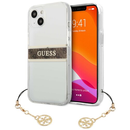 фото Чехол cg mobile guess pc/tpu 4g stripe hard + gold charm для iphone 13 mini, цвет прозрачный/золотой шарм (guhcp13skb4gbr)