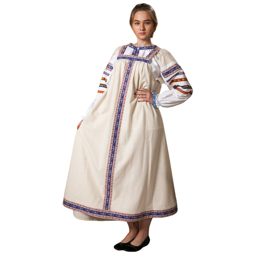 фото Русский народный костюм женский славянский карнавальный национальный сарафан взрослый бежевый лен, размер 46/48 (l) русский сарафан