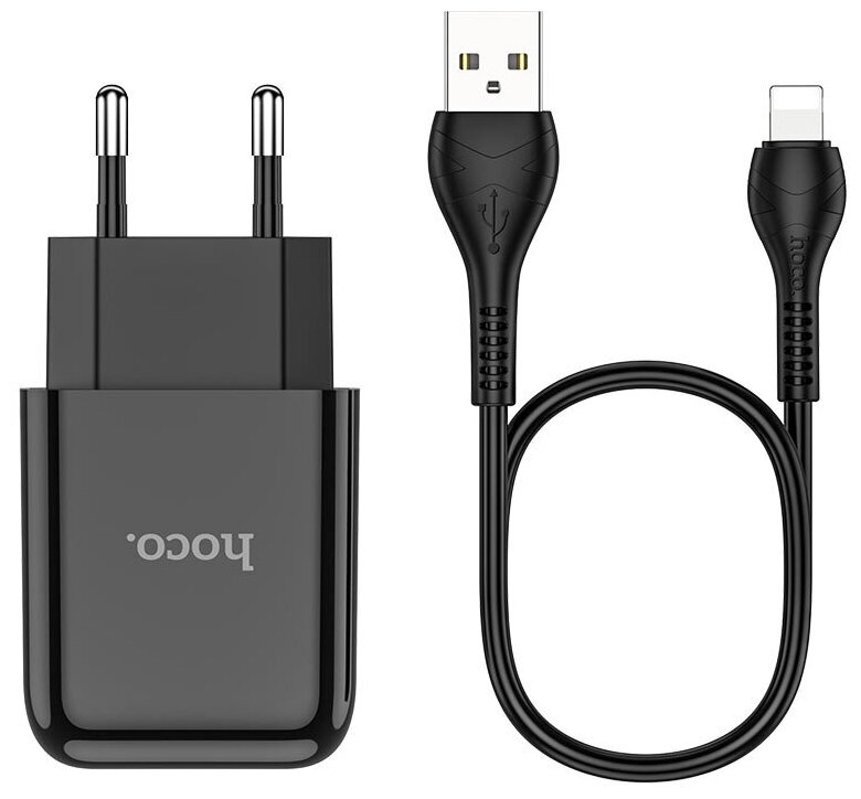 Блок питания сетевой 1 USB HOCO, N2, Vigour, 2000mA, пластик, огнестойкий, кабель 8 pin, X37 cool, цвет: чёрный
