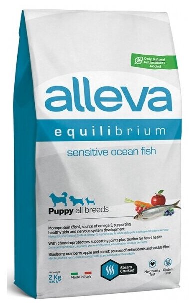 Корм Alleva Equilibrium Sensitive Puppy All breeds Ocean Fish для щенков, беременных и кормящих сук, с океанической рыбой, 12 кг