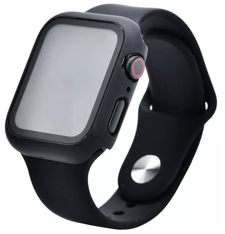 Защитное стекло на Apple Watch, 45mm, черное с силиконовым чехлом