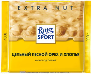 Шоколад Ritter Sport Extra Nut белый цельный лесной орех и хлопья, 100 г