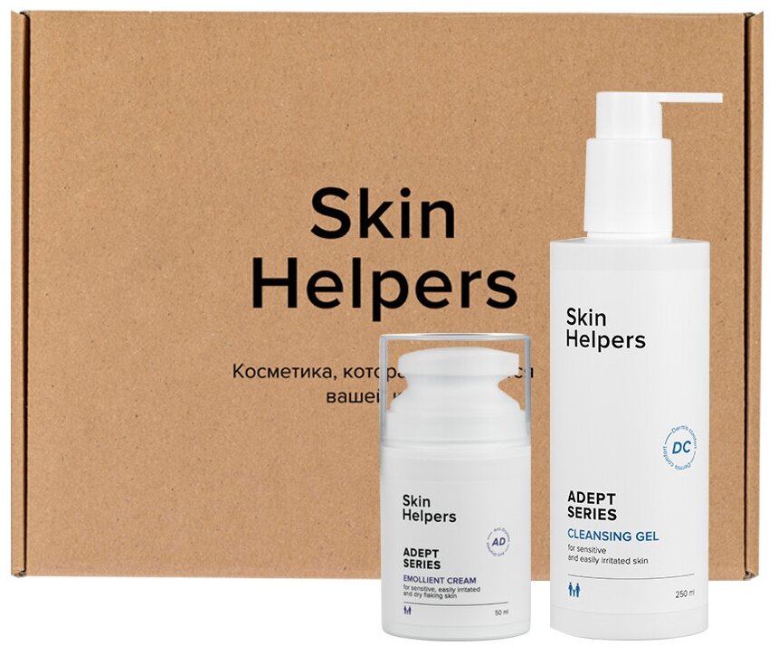 Skin Helpers ADEPT Набор Подарочный: Очищающий гель для умывания лица 200 мл, Крем - эмолент для чувствительной и проблемной кожи 50 мл