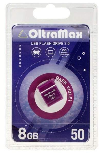 Флешка OltraMax 50, 8 Гб, USB2.0, чт до 15 Мб/с, зап до 8 Мб/с, фиолетовая 9441529