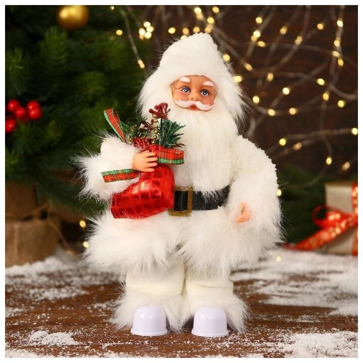 Дед Мороз В меховом белом костюмчике с мешком двигается 11х30 см